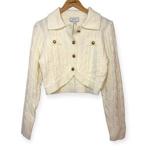 RIHOAS Ivory Cable Knit Cropped Cardigan Gold Buttons Size M NWT